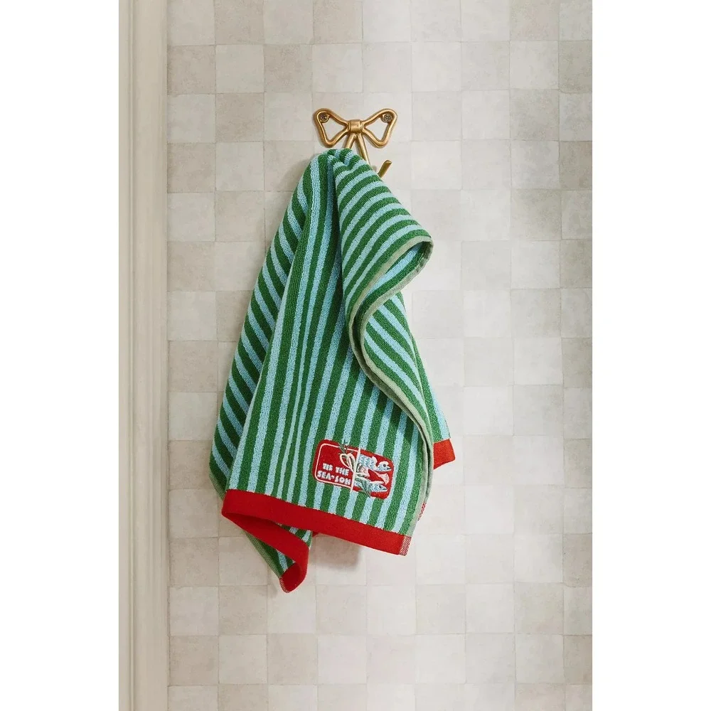 Anthropologie 'Tis The Season Green Hand Towel Holiday‎ Icon Striped 100% Cotton